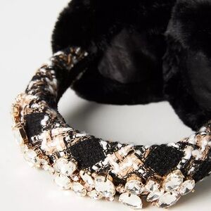 Anthropologie Black and Cream Tartan Tweed Rhinestone Faux Fur Earmuffs